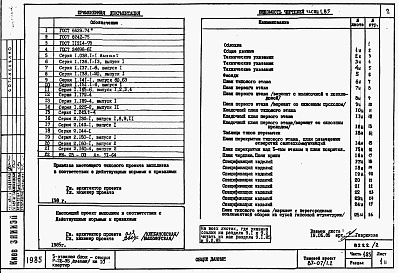 Состав альбома. Типовой проект 87-07/1.2Альбом 3 Части 1.85, 2,3,4,5,6 Архитектурно-строительные чертежи, отопление и вентиляция, водоснабжение и канализация, газоснабжение, электрооборудование, устройства связи выше отм.0.000