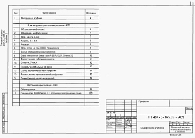 Состав альбома. Типовой проект 407-3-675.05Альбом 3  Архитектурно-строительные решения. Отопления и вентиляция. Вариант ТП с выделенной абонентской частью (вариант с моноблоком)          	            