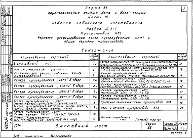 Состав альбома. Типовой проект 113-81-11/1.2Часть 10 Раздел 10.8-1,2 Изделия заводского изготовления. Мусоропровод (по серии 83). 