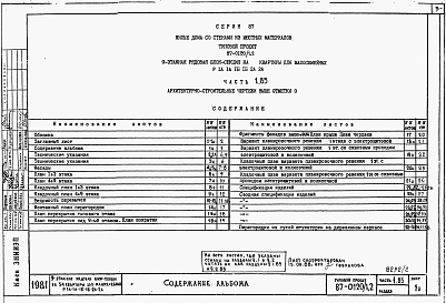 Состав альбома. Типовой проект 87-0120/1.2Части 1.85, 2, 3, 4, 5, 6  Архитектурно-строительные чертежи, отопление и вентиляция, водоснабжение и канализация, газоснабжение, электрооборудование, устройства связи на отм. выше 0.000