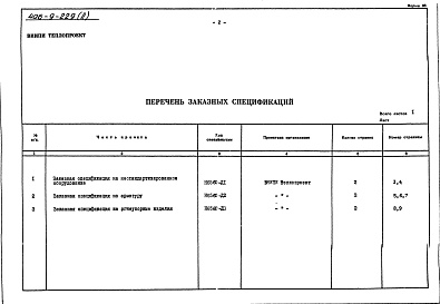 Состав альбома. Типовой проект 406-9-229Альбом 2 Заказные спецификации