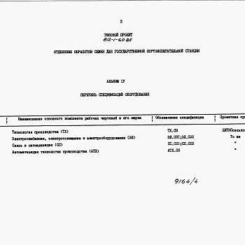 Состав фльбома. Типовой проект 812-1-60.85Альбом 4 Спецификации оборудования