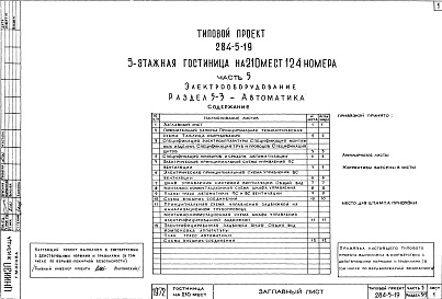 Состав альбома. Типовой проект 284-5-19Часть 5   Электрооборудование  Раздел 5-1 Жилой корпус, Роздел 5-2 Общественный корпус, Раздел 5-3 Автоматика