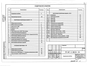Состав альбома. Типовой проект 407-3-663.03Альбом 1 Пояснительная записка. Архитектурно-строительные решения. Отопление и вентиляция. Архитектурно-строительные изделия     