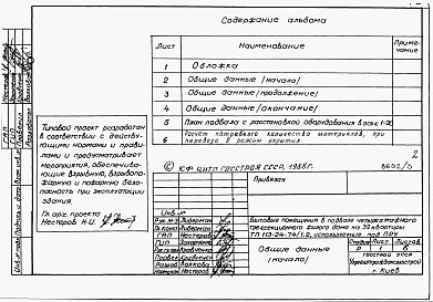 Состав альбома. Типовой проект 113-24-74/1.2Альбом 5 Проектная документация на перевод хозяйственно-бытовых помещений в подвале для использования под ПРУ