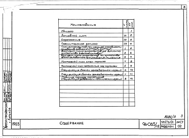 Состав альбома. Типовой проект 94-065/1.2Альбом 3 Часть 01 Архитектурно-строительные чертежи ниже отм.0.000  Раздел 01-1 Здание с подпольем для обычных условий строительства