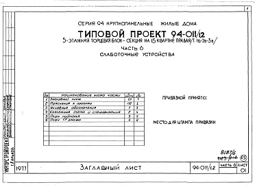 Состав альбома. Типовой проект 94-011/1.2Альбом 8 Часть 1 Архитектурно-строительные чертежи выше отм.0.000. Часть 2 Отопление и вентиляция Раздел 2-1 С радиаторами и конвекторами. Часть 3 Водоснабжение и канализация выше отм.0.000. Часть 4 Газоснабжение. Часть 5 Электрооборудование. Часть 6 Слаб