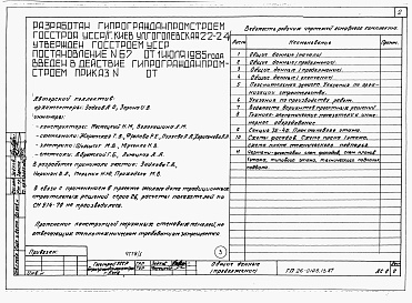 Состав альбома. Типовой проект 26-0108.13.87Альбом 1 Части 0, 01, 02, 03, 1, 2, 3, 4, 5, 6 Общие архитектурно-строительные решения. Архитектурно-строительные решения ниже отм. 0,000. Отопление и вентиляция ниже отм. 0,000. Внутренние водопровод и канализация ниже отм. 0,000. Архитектурно-строительн