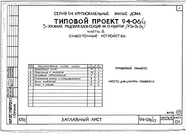 Состав альбома. Типовой проект 94-06/1.2Альбом 8 Часть 1 Архитектурно-строительные чертежи выше отм.000. Часть 2 Отопление и вентиляция Раздел 2-1 С радиаторами и конвекторами. Часть 3 Водоснабжение и канализация выше отм.0.000. Часть 4 Газоснабжение. Часть 5 Єлектрооборудование. Часть 6 Слабот