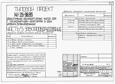 Состав альбома. Типовой проект 141-26-98.86Альбом 1 Части 0, 1, 2, 3, 5, 6 Общая часть. Архитектурно-строительные решения. Отопление и вентиляция. Внутренний водопровод и канализация. Электрооборудование. Связь и сигнализация
