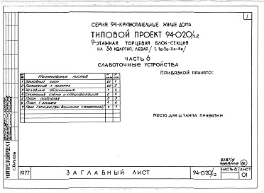 Состав альбома. Типовой проект 94-020/1.2Альбом 5 Часть 01 Архитектурно-строительные чертежи выше отм.0.000.  Часть 2 Отопление и вентиляция Раздел 2-1 С радиаторами и конвекторами. Часть 3 Водопровод и канализация. Часть 4 Газоснабжение. Часть 5 Электрооборудование. Часть 6 Слаботочны