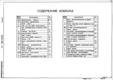 Состав альбома. Типовой проект 708-30.87Альбом 1 Пояснительная записка. Технология производства. Архитектурные решения. Конструкции железобетонные и металлические. Силовое электрооборудование. Электроосвещение. Установка пожарной сигнализации ручного включения
