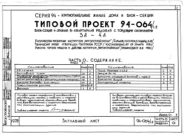 Состав альбома. Типовой проект 94-064/1.2Альбом 1 Часть 0 Общая часть Раздел 0-1 Общая характеристика проекта