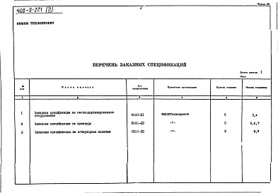 Состав альбома. Типовой проект 406-9-221Альбом 2 Заказные спецификации