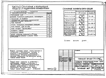 Состав альбома. Типовой проект 94-048/1.2Альбом 5 Часть 1 Архитектурно-строительные чертежи выше отм.0.000. Часть 2 Отопление и вентиляция Раздел 2-1 С радиаторами и конвекторами. Часть 3 Водопровод и канализация. Часть 4 Газопровод. Часть 5 Электрооборудование. Часть 6 Слаботочные устройства