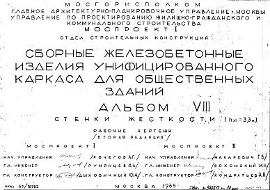 Состав альбома. Шифр Сборные железобетонныеАльбом 8 Стенки жесткости (hэт.=3,3 м). Рабочие чертежи. Редакция 2.Шифр 65/12962