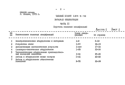 Состав альбома. Типовой проект 284-5-35Часть11 Заказные спецификации