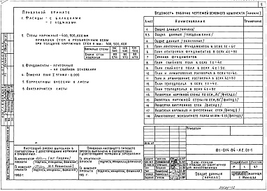 Состав альбома. Типовой проект 81-014.84Альбом 2 Архитектурно-строительные решения ниже отм. 0.000. 81-014.84-АС.01-1