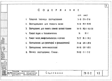 Состав альбома. Типовой проект 28-0-2Часть 2 Оборудование для ремонта обуви. Оборудование для ремонта сложной бытовой техники. Ремонт радио и телеаппаратуры. Ремонт часов, кино-фотоаппаратуры и оптики. Оборудование для фотографий и фотолабораторий. Оборудование парикмахерской. Прочее оборудо