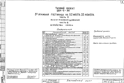 Состав альбома. Типовой проект 284-5-35Часть 5,6 Электрооборудование. Устройства связи.
