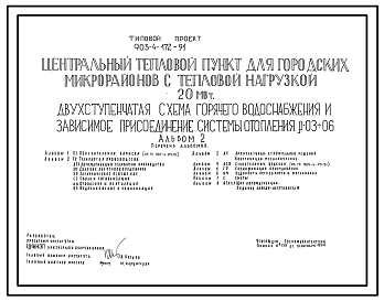 Состав Типовой проект 903-4-172.91 Центральный тепловой пункт для городских микрорайонов с тепловой нагрузкой 20 МВт. Двухступенчатая схема горячего водоснабжения и зависимое присоединение системы отопления р=0,3-0,6