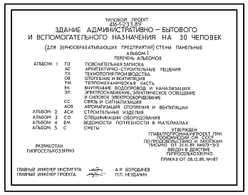 Состав Типовой проект 416-1-233.89 Здание административно-бытового и вспомогательного назначения на 30 чел. (для зернообрабатывающих предприятий). Размеры здания - 12,0x18,0 м. Расчетная температура: -20, -30, -40°С. Стены - панельные легкобетонные