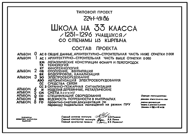 Состав Типовой проект 224-1-491.86 Школа на 33 класса (1251-1296 учащихся) со стенами из кирпича