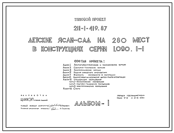 Состав Типовой проект 211-1-419.87 Детские ясли–сад на 280 мест. Здание двухэтажное. Стены из трехслойных легкобетонных панелей по серии 1.090.1-1.