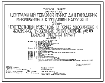 Состав Типовой проект 903-4-118.87 Центральный тепловой пункт для городских микрорайонов с тепловой нагрузкой 20 МВт. Непосредственный разбор воды на горячее водоснабжение и независимое присоединение систем отопления ?=0,3+0,5 (кирпичный вариант)