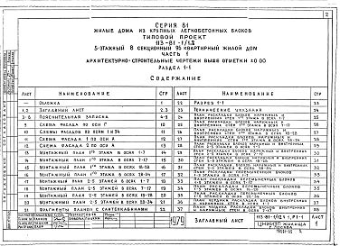 Состав альбома. Типовой проект 113-81-1/1.2Альбом 2 Архитектурно-строительные чертежи выше отм. 0.000. Здание с подпольем Часть 1, раздел 1-1