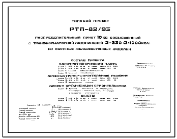 Состав Типовой проект РТП-82/93 Распределительный пункт 10 кВ совмещенный с трансформаторной подстанцией 2х630 (2х1000) кВа из сборных железобетонных изделий