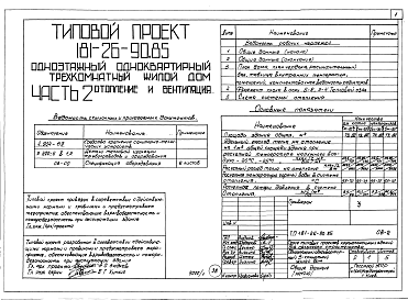 Состав альбома. Типовой проект 181-26-90.85Альбом 1 Части 0, 01, 02, 03, 1, 2, 3, 4, 5, 6 Общая часть. Архитектурно-строительные решения. Отопление и вентиляция. Внутренний водопровод и канализация. Газоснабжение. Электрооборудование. Связь и сигнализация