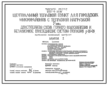 Состав Типовой проект 903-4-38.86 Центральный тепловой пункт для городских микрорайонов  тепловой нагрузкой 7 МВт. Двухступенчатая схема горячего водоснабжения и независимое присоединение системы отопления. Каркасно-панельный вариант