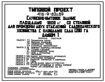 Состав Типовой проект 416-9-62с.89 Служебно-бытовое здание площадью 1808 м2 со столовой для промзоны двух отделений садоводческого хозяйства с площадью сада 1200 Га