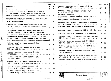 Состав альбома. Серия 1.423-3 ЖелезобетонныеВыпуск 3 Рабочие чертежи колонн высотой 6,6 и 7,8 м