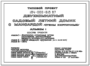 Состав Типовой проект 184-000-613.87 Двухкомнатный летний садовый домик с мансардой. Площадь, м2: общая 24,5, мансарды 12,8, веранды 6,4