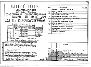 Состав альбома. Типовой проект 181-26-90.85Альбом 1 Части 0, 01, 02, 03, 1, 2, 3, 4, 5, 6 Общая часть. Архитектурно-строительные решения. Отопление и вентиляция. Внутренний водопровод и канализация. Газоснабжение. Электрооборудование. Связь и сигнализация