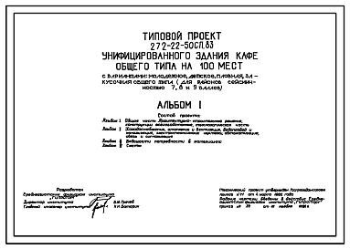 Состав Типовой проект 272-22-50сп.83 Унифицированное здание кафе общего типа на 100 мест с вариантами: молодежное, детское, пловная, закусочная общего типа. Для строительства в 4 климатическом районе сейсмичностью 7, 8 и 9 баллов на грунтах 2 типа просадочности