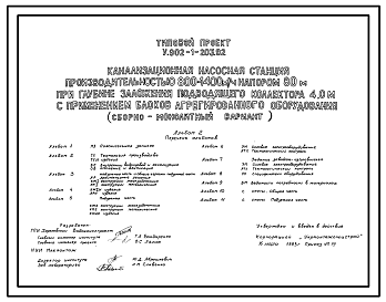 Состав Типовой проект У.902-1-203.92 Канализационная насосная станция производительностью 800-1400 м3/ч, напором 80 м при глубине заложения подводящего коллектора 4,0 м с применением блоков агрегированного оборудования (сборно-монолитный вариант)
