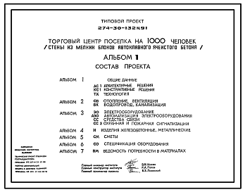 Состав Типовой проект 274-30-132м.91 Торговый центр поселка на 1000 человек (стены из мелких блоков автоклавного ячеистого бетона)