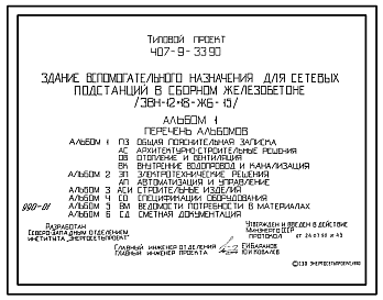 Состав Типовой проект 407-9-33.90 МП Здание вспомогательного назначения для сетевых подстанций в сборном железобетоне (ЗВН-12x24-ЖБ-15)