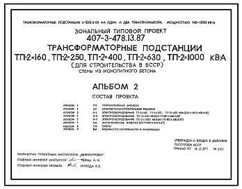 Состав Типовой проект 407-3-478.13.87 Трансформаторные подстанции ТП-2х160, ТП-2х250, ТП-12х400, ТП-2х630, ТП-2х1000 кВА. Стены из монолитного бетона. Для Белорусской ССР