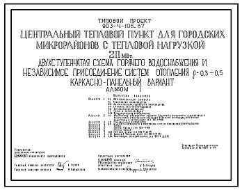 Состав Типовой проект 903-4-105.87 Центральный тепловой пункт для городских микрорайонов с тепловой нагрузкой 20 МВт. Двухступенчатая схема горячего водоснабжения и зависимое присоединение систем отопления ?=0,3+0,5 (каркасно-панельный вариант)