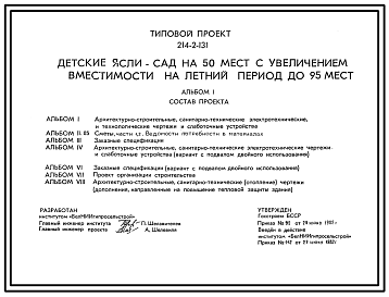 Состав Типовой проект 214-2-131 Детские ясли-сад на 50 мест с увеличением вместимости на летний период до 95 мест, для сельского строительства во 2В климатическом подрайоне