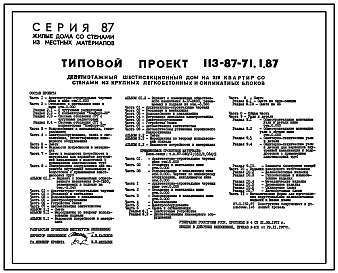 Состав Типовой проект 113-87-71.1.87 Девятиэтажный шестисекционный жилой дом на 215 квартир /вариант проекта с подвалом на отм. -3,040, т.п. 113-87-71.2.87
