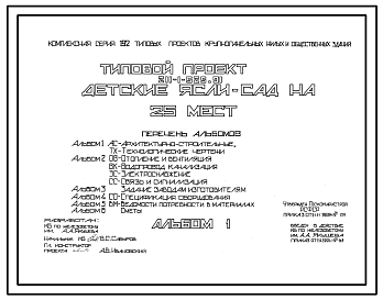 Состав Типовой проект 211-1-525.91 Детские ясли-сад на 25 мест. Здание одноэтажное. Стены из трехслойных керамзитобетонных панелей.