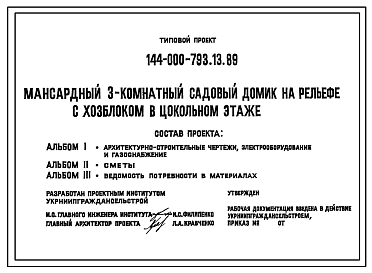 Состав Типовой проект 144-000-793.13.89 Мансардный 3-комнатный садовый домик на рельефе с хозблоком в цокольном этаже
