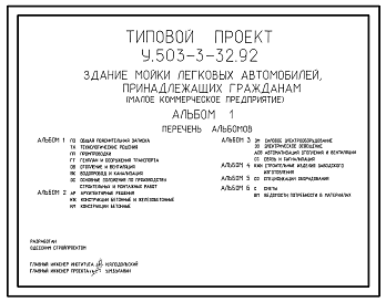 Состав Типовой проект У.503-3-32.92 Здание мойки легковых автомобилей, принадлежащих гражданам (малое коммерческое предприятие)