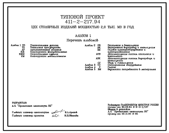 Состав Типовой проект 411-2-217.94 Цех столярных изделий мощностью 2,0 тыс. м3 сырья в год