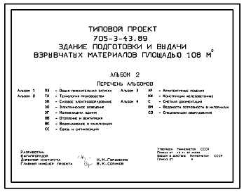 Состав Типовой проект 705-3-43.89 ЗДАНИЕ ПОДГОТОВКИ И ВЫДАЧИ ВЗРЫВЧАТЫХ МАТЕРИАЛОВ ПЛОЩАДЬЮ 108 М2